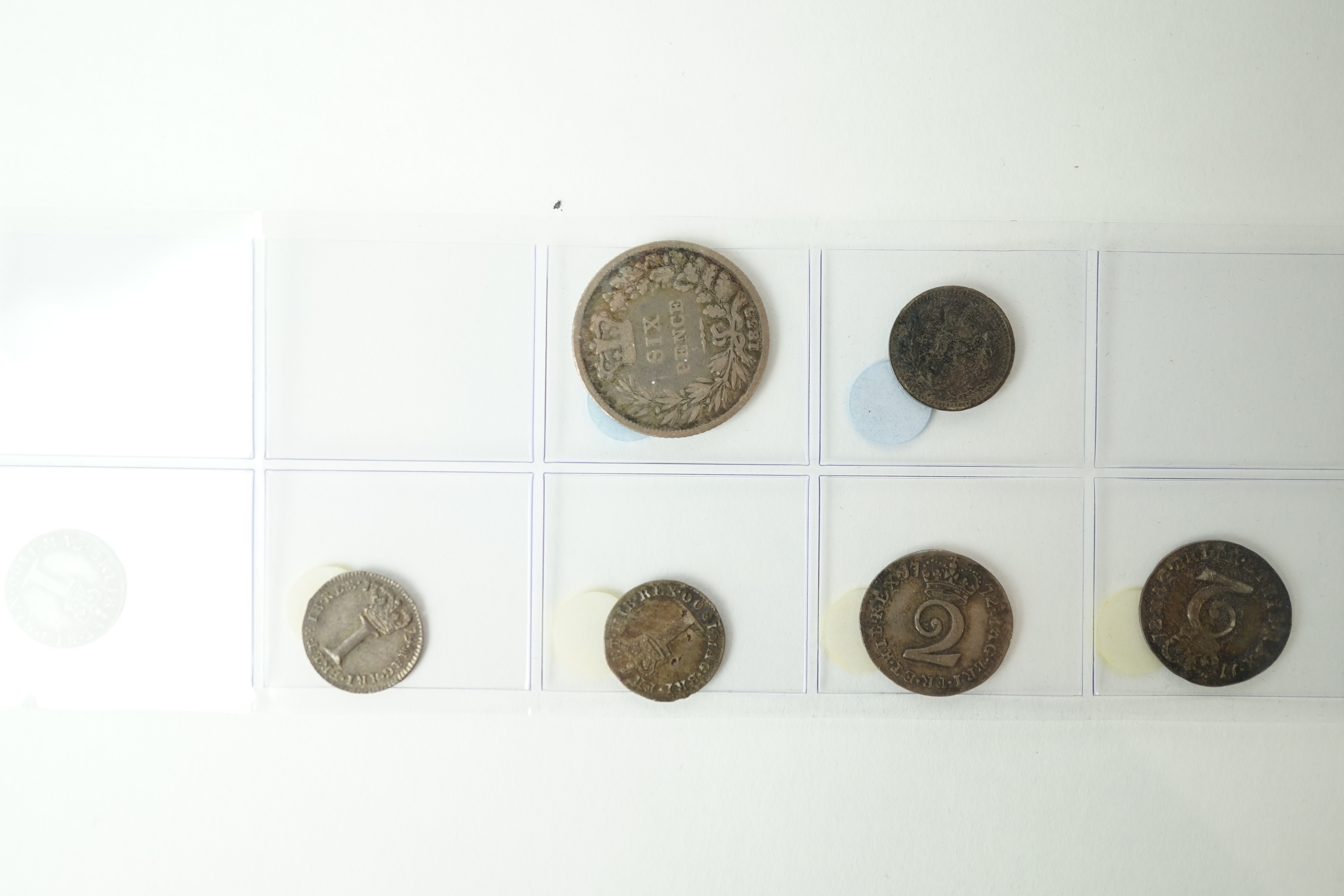 British silver coins, George II to William IV, 1d to sixpence, including George II 1d 1739, 2d 1735, two George III 3d 1762, two 2d 1772, 1d 1779, 1800, George IV 1d 1823 and William IV one and a half pence, and other sm